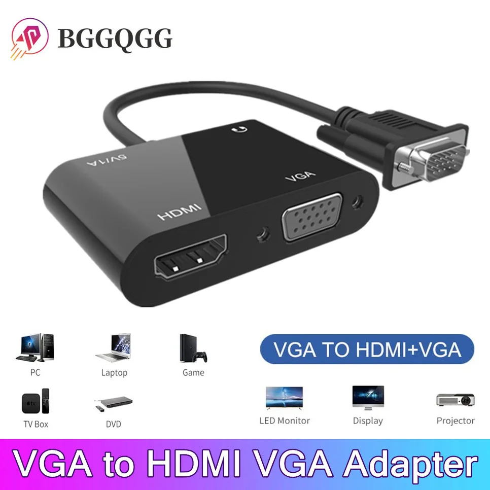 BGGQGG Adapter HD VGA na HDMI VGA, rozdzielacz VGA 1 na 2 wyjścia do komputerów stacjonarnych, laptopów, monitorów, projektorów