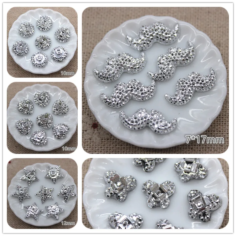 100pcs Bling Silver Round/Star/Heart/Flower/Beard Resin Rhinestone Flatback Cabochon DIY Craft Accessories