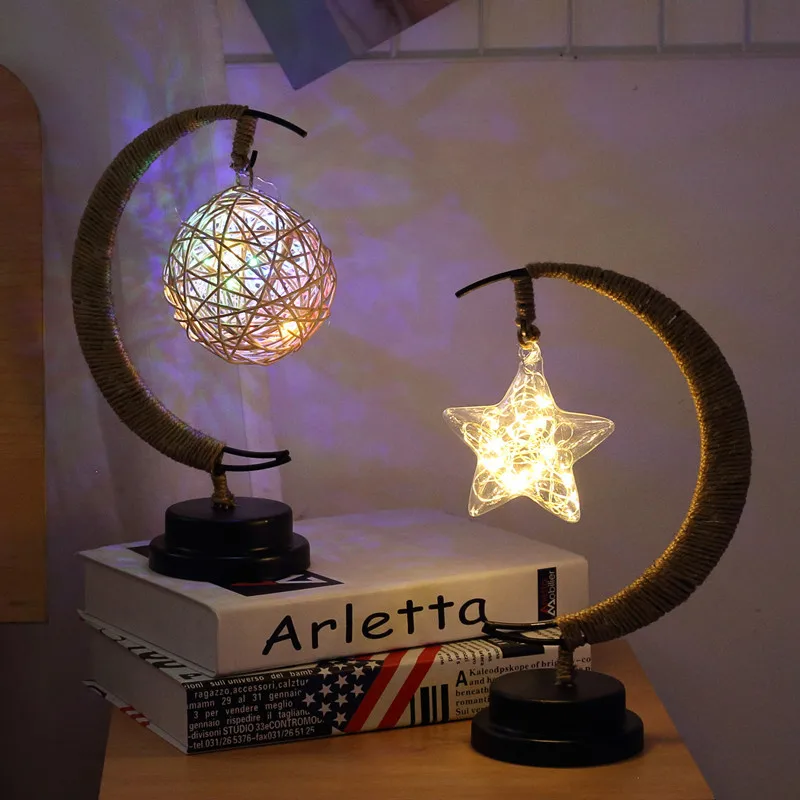 

LED Moon Star Night Light Festival Holiday Light Christmas Gift Apple Rattan Ball Iron Night Lamp Home Decoration