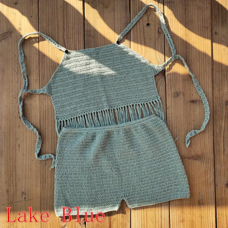 New Crochet 2PCS/SET beach cover up sexy knitted tassel women crop top+ shorts Bikini swimsuit swimwear bathing suit cover ups