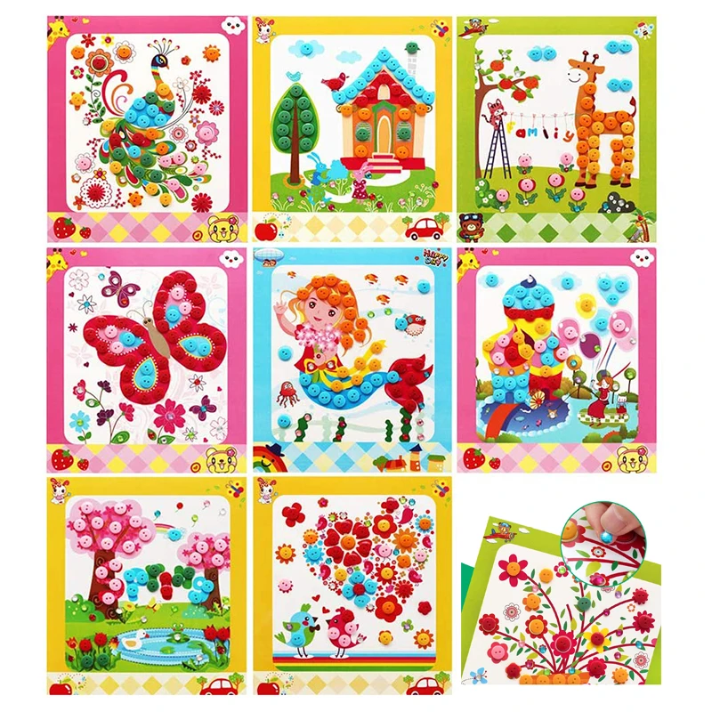 Kids DIY Button Puzzle Stickers Cartoon Drawing Art Crafts For Children Early Educational Learning Rhinestone Painting Toys