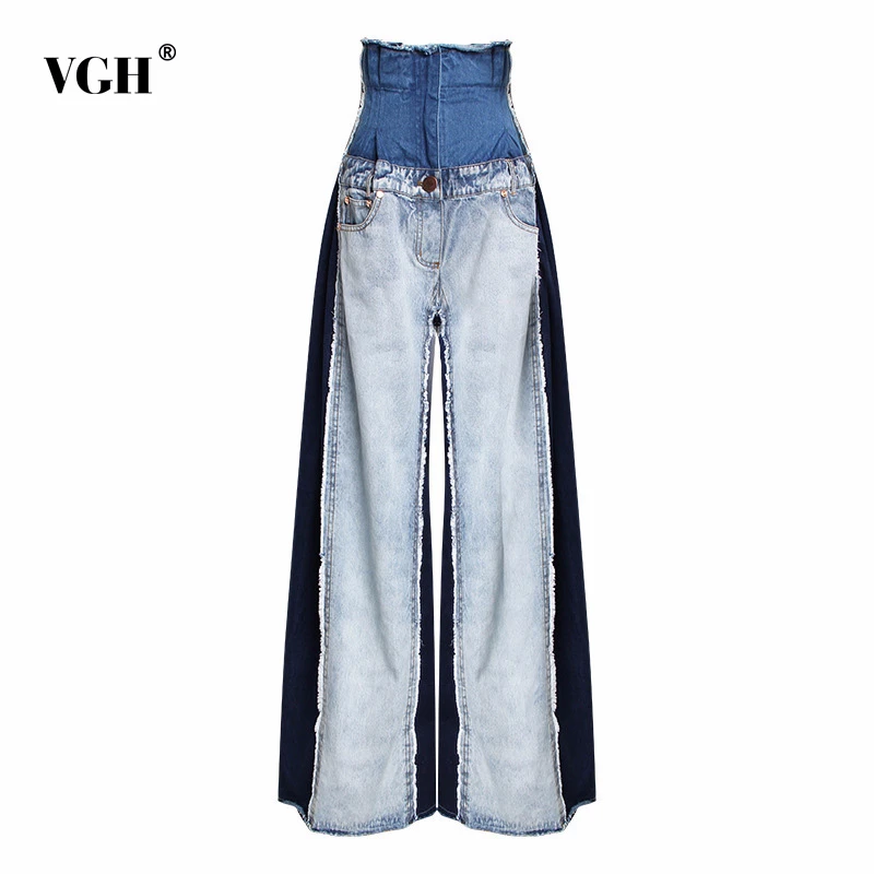 

VGH Casual Denim Patchwork Women Trousers High Waist Hit Color Big Size Wide Leg Pants Female Fashion Spring 2023 Clothing