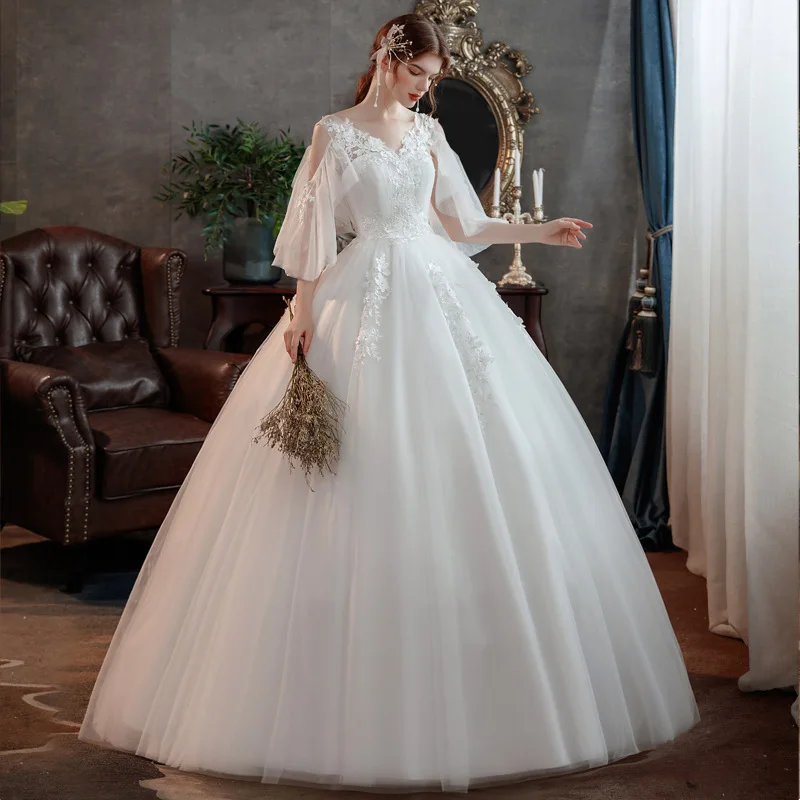 Korean style new spring Plus size wedding dress for Pregnant women long Lace appliques Vestidos De Novia with slleves 2021 Tull