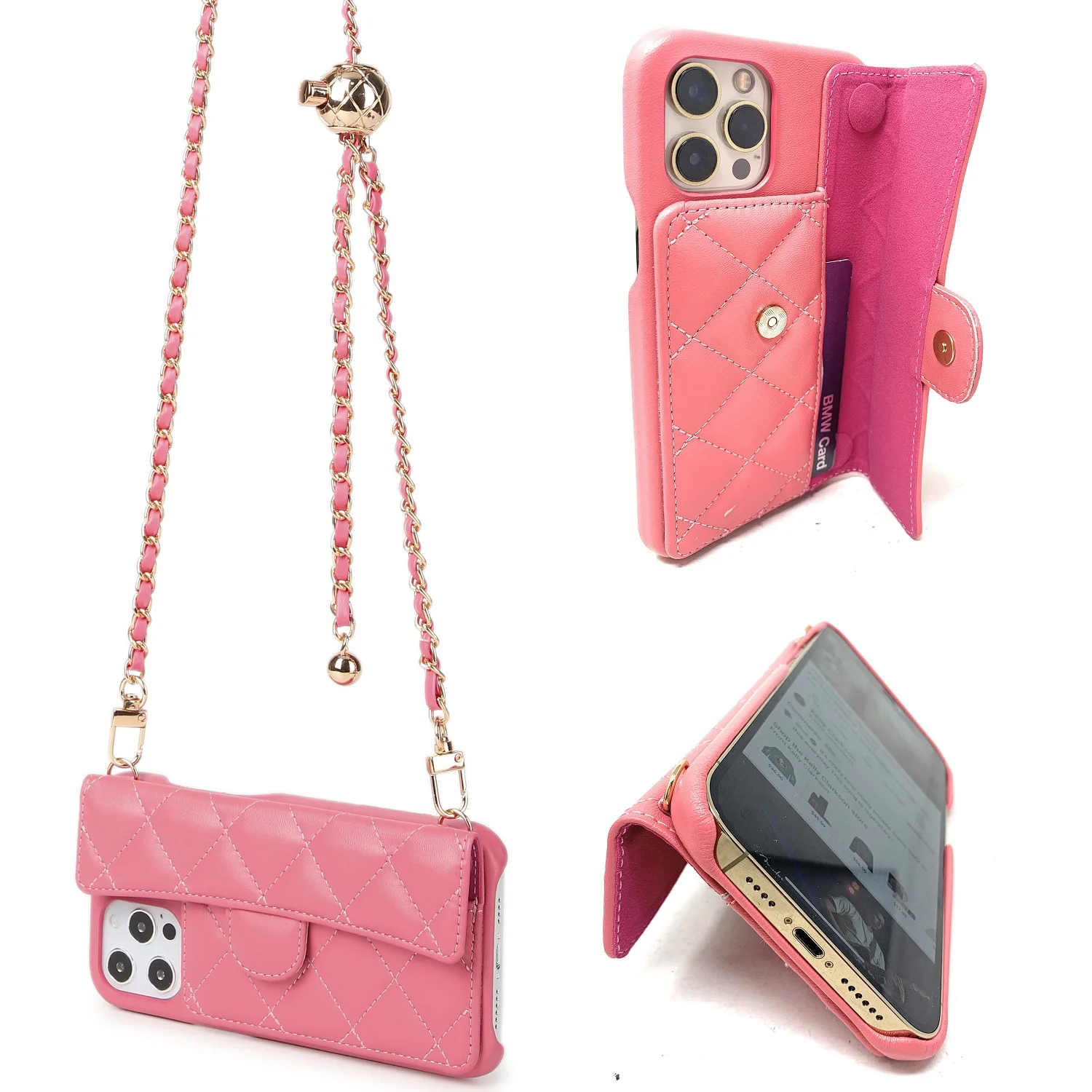 Capa de telefone para Apple iPhone 14 Pro Max, carteira com ranhuras para cartões, alça destacável, bolsa de ombro feminina, carteira para menina, moda