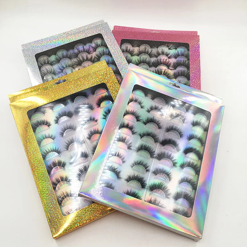 Cruelty Free Dramatic Fluffy Eyelashes Holographic Glitter 16pairs Lash Book with Natural 3D Full Strip Mink Lashes