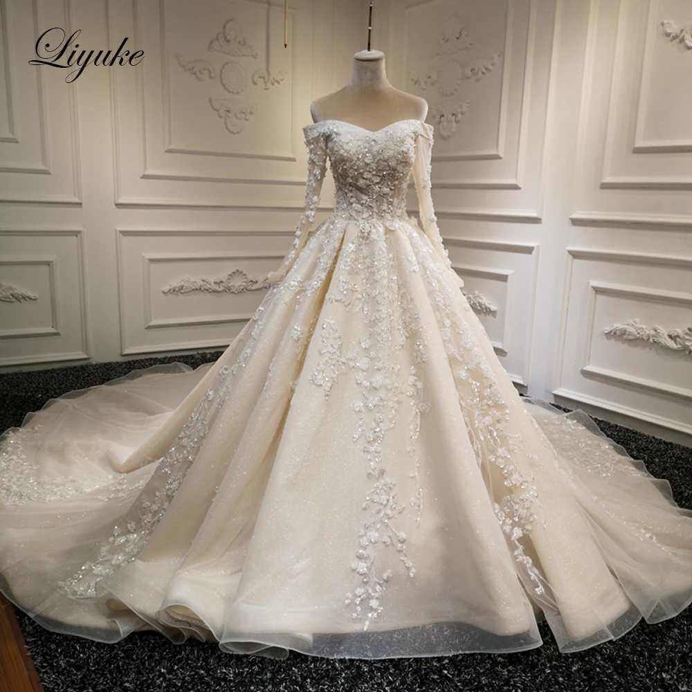 Liyuke-vestido de novia de lujo, traje brillante de una línea con tren real, hombros descubiertos, manga larga