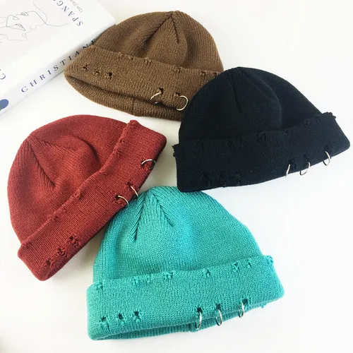 Gorro de punto de lana con agujero de aro con personalidad europea y americana, gorro frío de tendencia para parejas coreanas para hombres y mujeres, gorro cálido para otoño e invierno