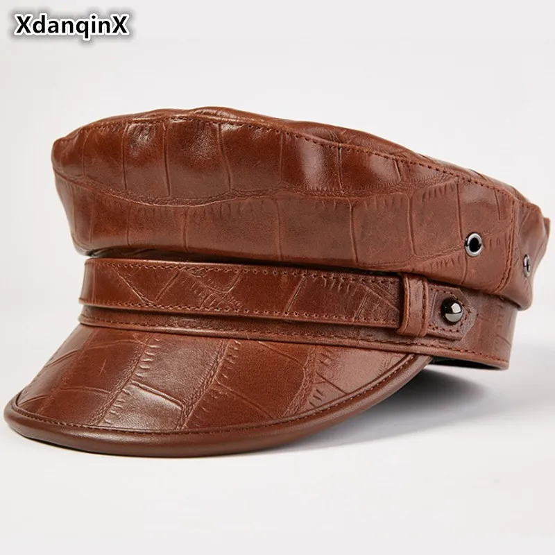 XdanqinX Autumn Men's Flat Cap Genuine Leather Hats Women's Army Military Hat Elegant Fashion Sheepskin Leather Caps Couple Hat