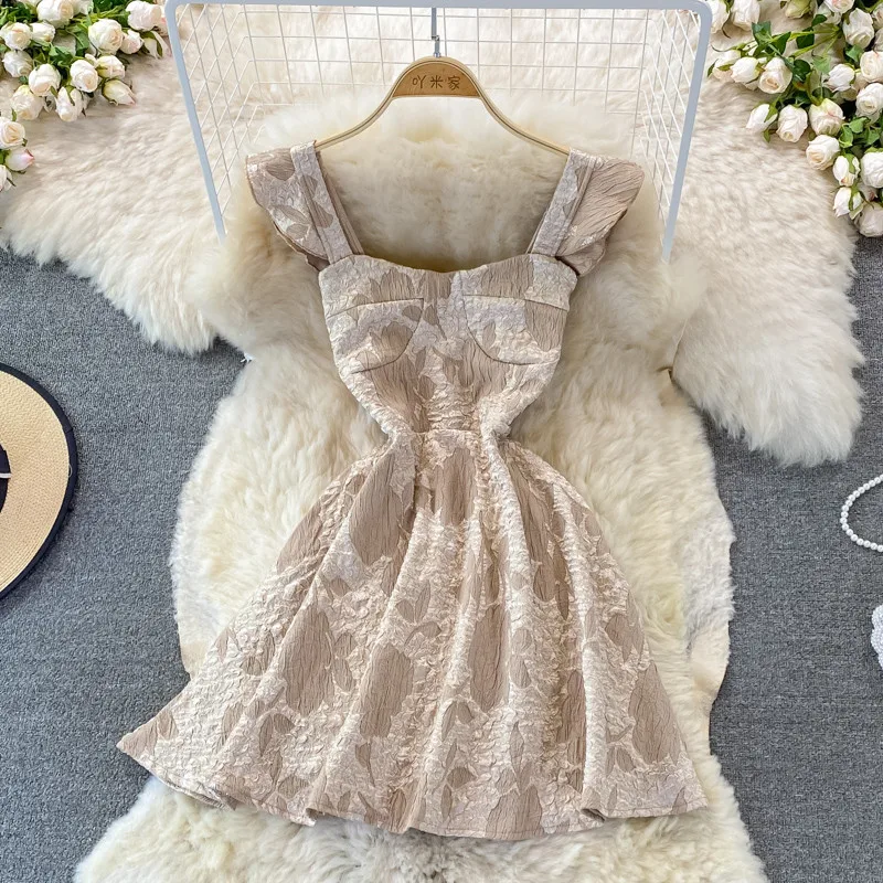 2022 Summer Women Sweet Jacquard Tank Dress Female High Waist A Line Mini Short Dresses Lady Square Collar Princess Party Dress