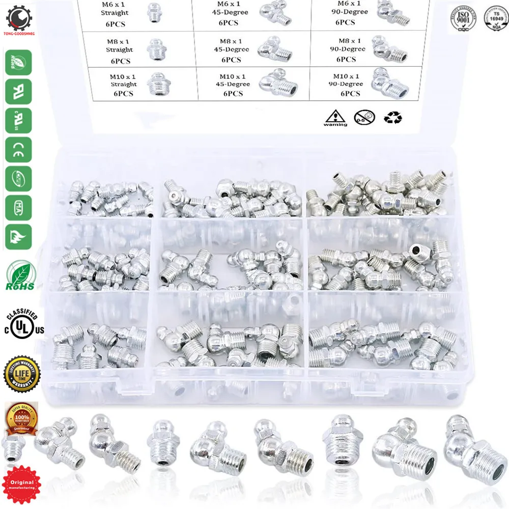 

Hydraulic Zerk Grease Fittings Assortment Kit,Hydraulic Grease, Straight,90-Degree,45-Degree Angled Zerk Assortment Set