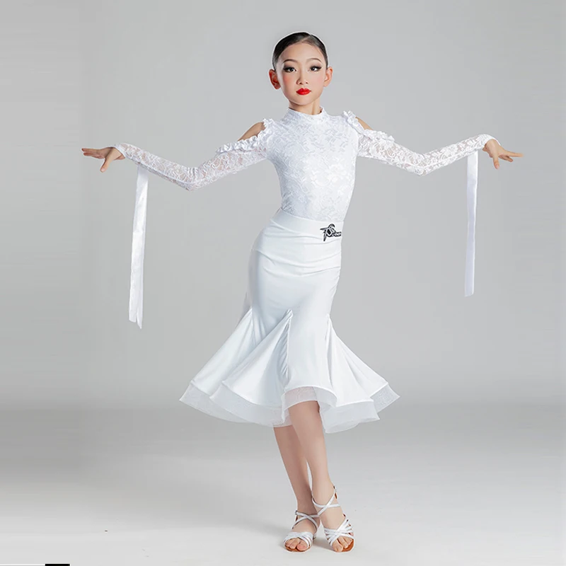 

Children Ballroom Dance Dress Girls White Lace Competition Costume Long Sleeve Two-Piece Tango Standard Dancing Clothes VDB6420