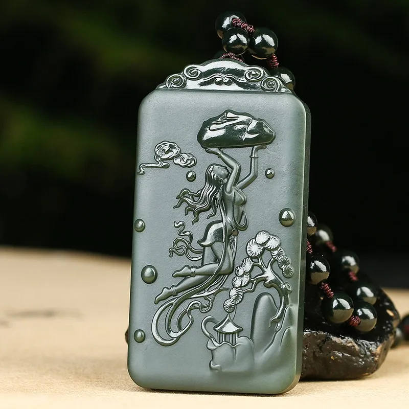 

Natural jade A hetian jade handcarved nuwa Patching the Sky black jade green jade pendant jade necklace jadeite jade jewelry