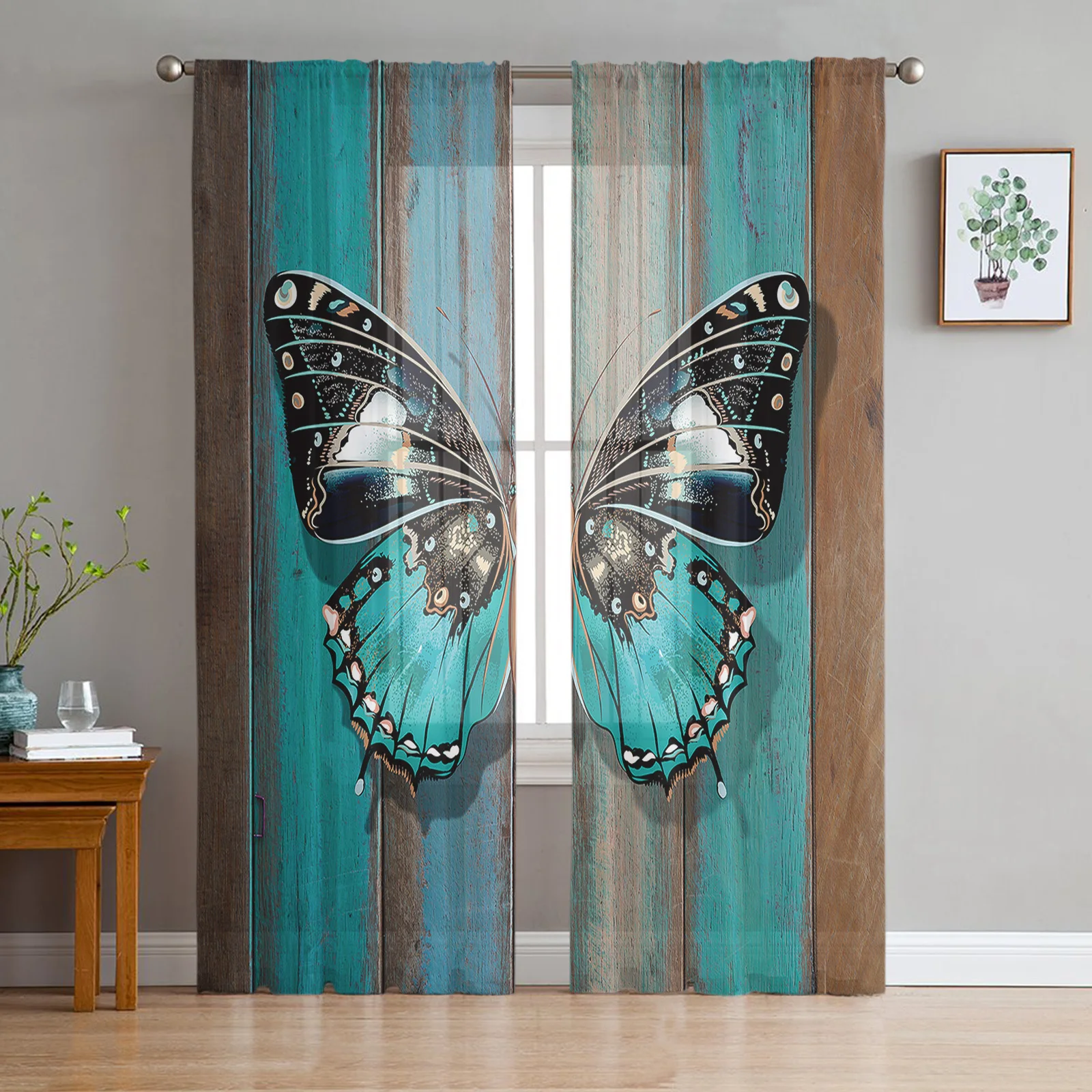 

Wooden Texture Turquoise Butterfly Tulle Curtains For Living Room Bedroom Transparent Tulle Curtains Window Drapes Sheer Curtain