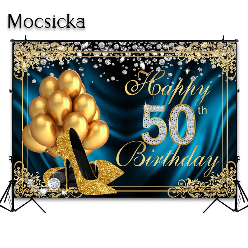 Mocsicka Gold Blue 50th Birthday Party Backdrops Balloons High Heels Women Fifty Birthday Decoration Photocall Photo Shoot