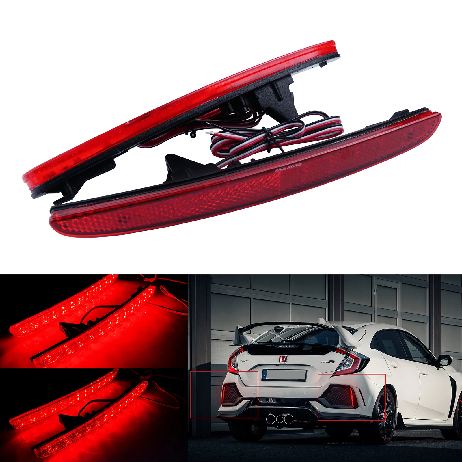 ANGRONG Red Lens LED Rear Bumper Reflector Brake Stop Light Fit For Honda Civic X FK Type R 09/2016-up