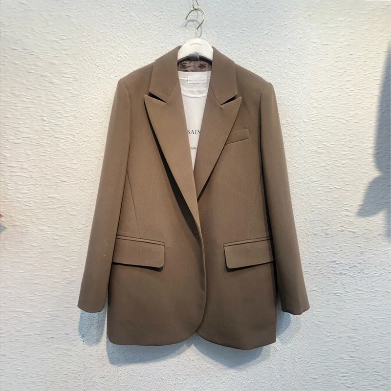 New large size women's spring and autumn blazer, Korean version looks foreign and slim one button Blazer brown black fashion