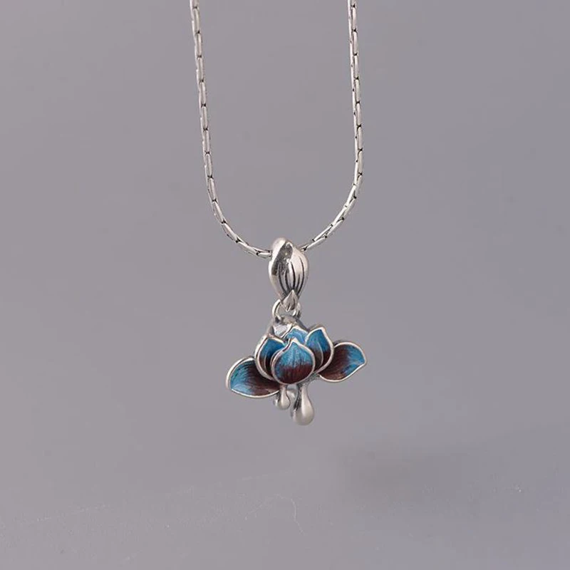 

New Silver Enamel Lotus Blue Pendant Necklace clasp original Chinese minority design retro charming women's jewelry