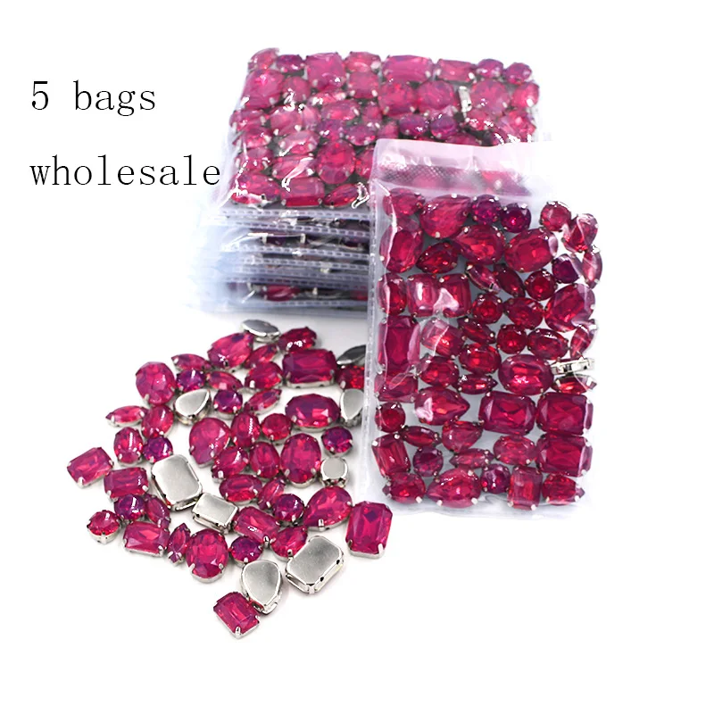 New Wholesale 5 bags mixed shape Red Purple rhinestones Resin silver base sew on rhinestones for Clothing accessories