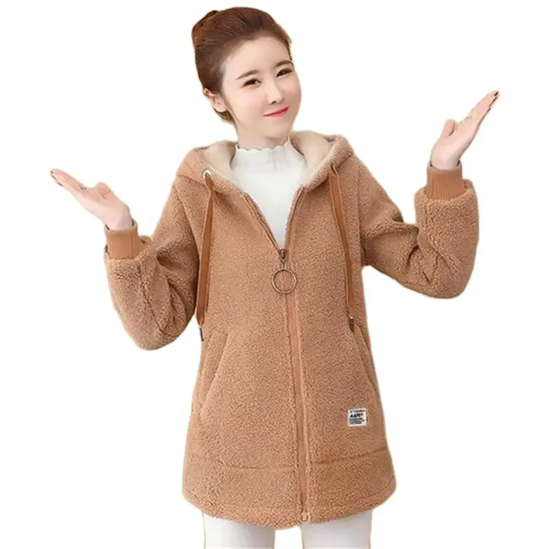

Lamb Wool Coat Female Velvet Thickening 2021 Winter New Women's Korean Version Mid-Length Hooded Sweater Cardigan Warm Tide W105