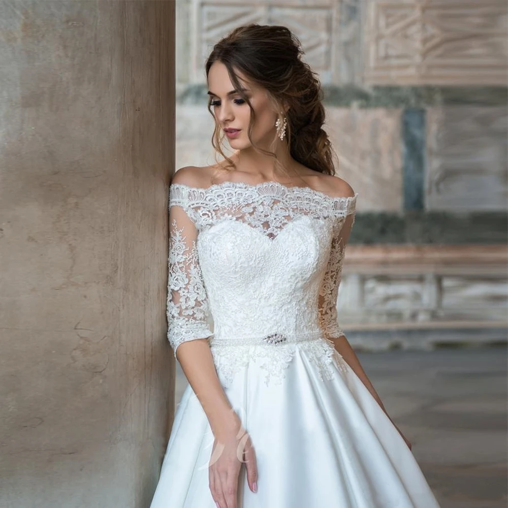 Vestidos de Noiva A-line Spitze Hochzeit Kleid Lange Ärmel Weg Von der Schulter Tulle Puffy Braut Kleider Casamento Mariage