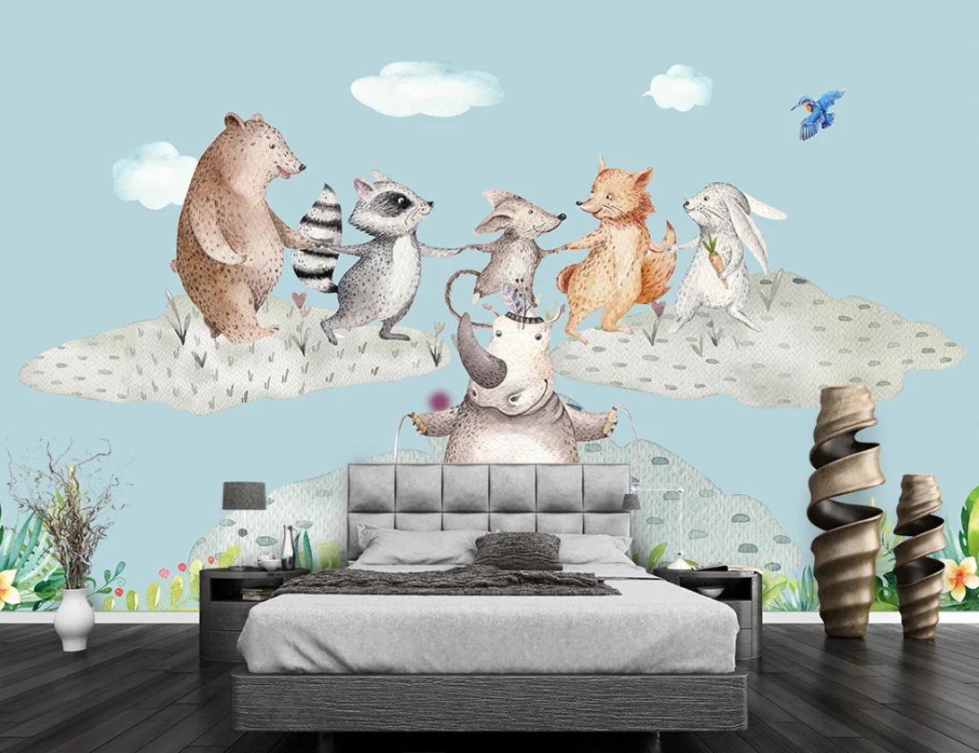 Custom size mural cartoon animals Tropical plants decorative paintings for children giraffe elephant animals 3d wallpaper photos