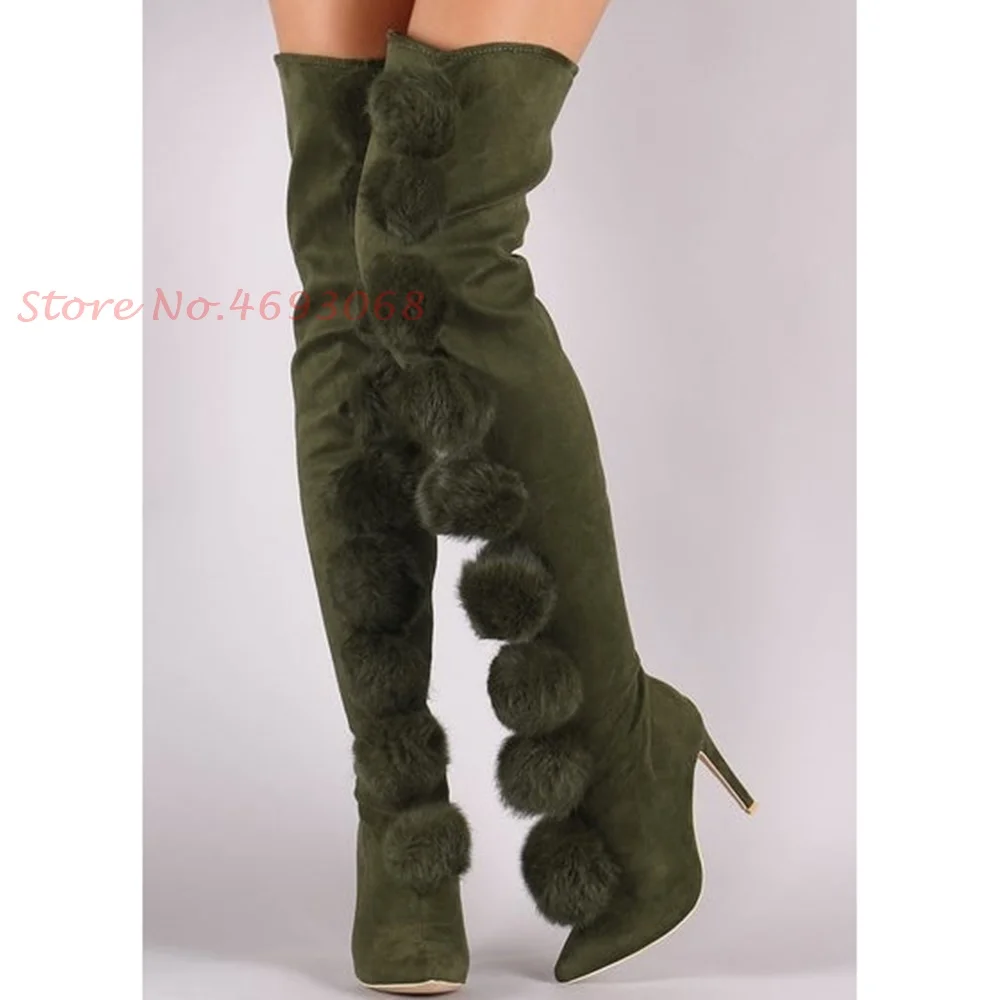 Pompom Suede Over Knee Boots Women Green Funky Thin Heel Side Zipper Women Stretch Pointed Toe Modern Silver Thigh High Boots