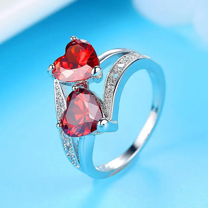 Transparent Red Blue Tricolor Zircon Ring Girlfriend Birthday Present Glamour Couple Double Love Engagement Ring