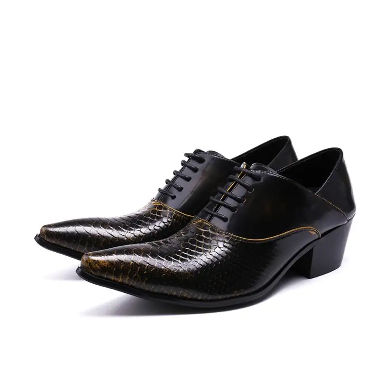 

Black Mens Python Skin Formal Shoes High Heels Lace Up Pointed Toe Shoes Genuine Leather Office Oxford Shoes Chaussure Homme