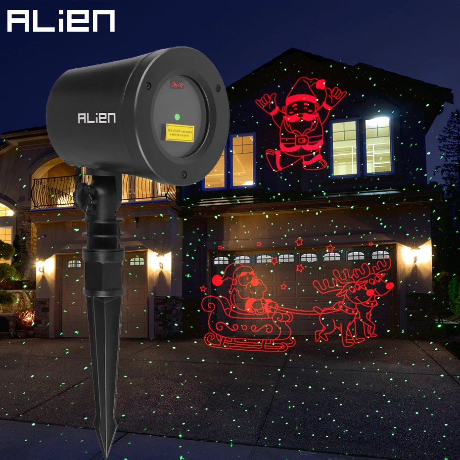 ALIEN-proyector láser de Navidad con tema rojo de movimiento, trineo de alce de Papá Noel, puntos verdes estáticos, estrella, luz de espectáculo de árbol de jardín impermeable para exteriores