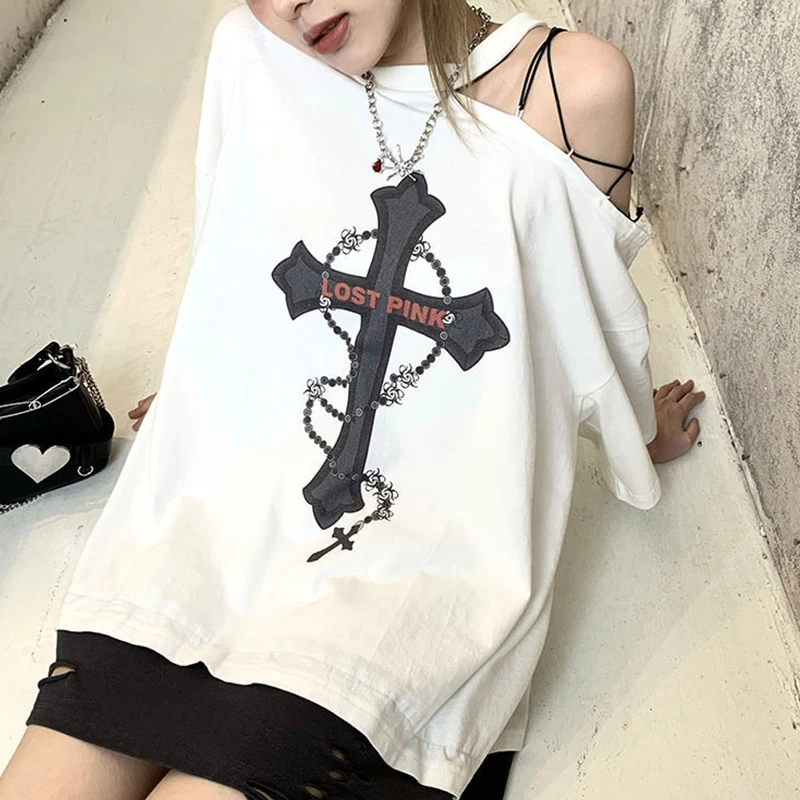 Women One Side Off Shoulder T-shirt Lace-up Fake Two Pieces Cotton Tops White Punk Lady Gothic Street T Shirt Cross Chain Print