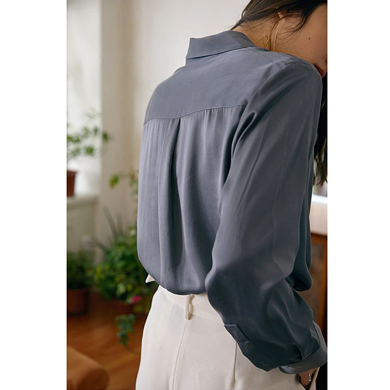 100% Zijden Blouse Vrouwen Shirt Eenvoudig Ontwerp Solid 2 Kleuren Turn-Down Hals Lange Mouwen Office Top Nieuwe Mode