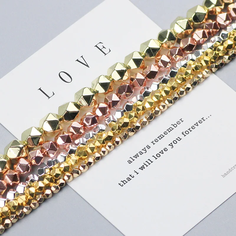 WLYeeS Faceted Round Hematite beads 3 4 6 8mm Rose gold Color Natural Stone Spacer loose bead for Jewelry Bracelet making Diy