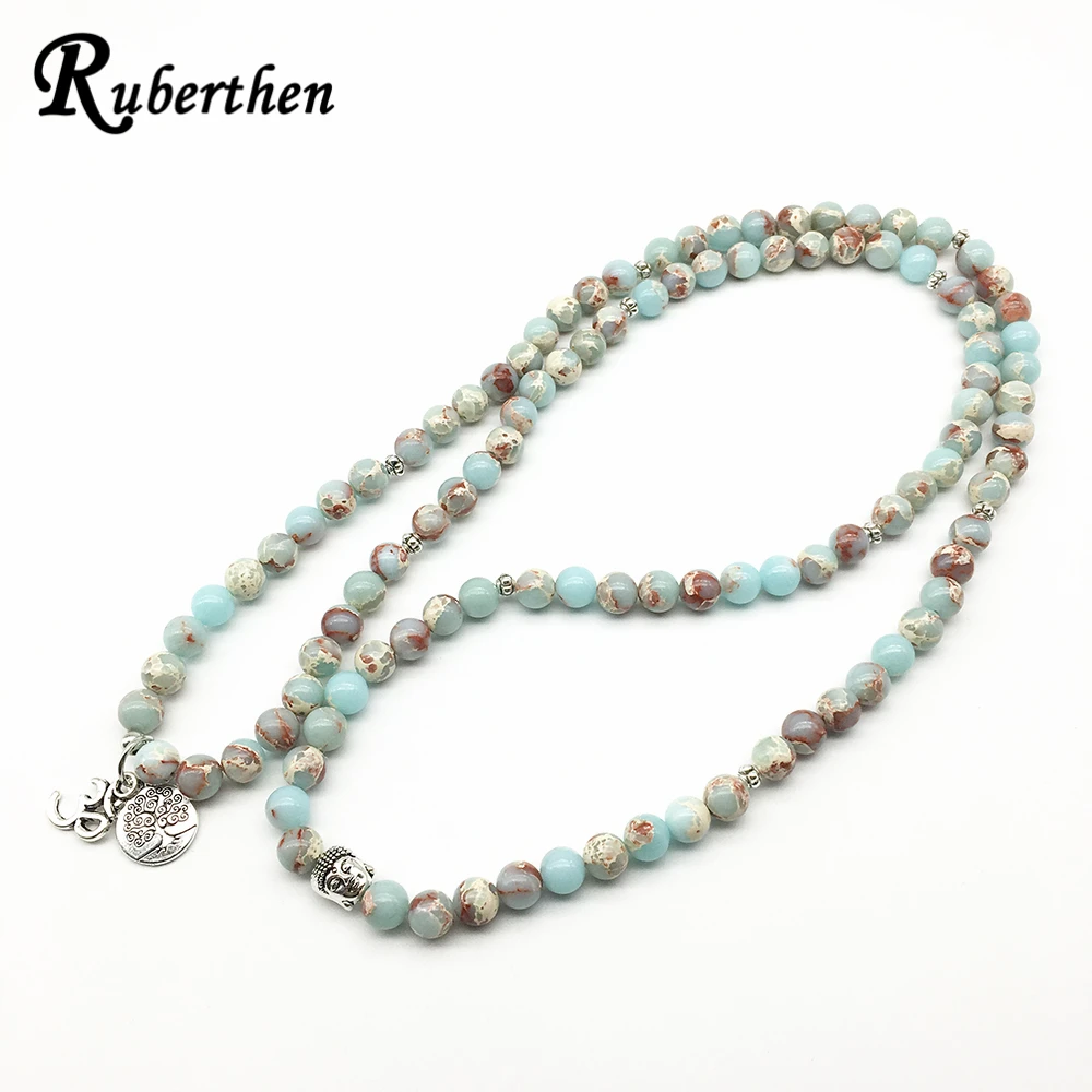 Ruberthen Tree of Life Bracelet Buddish Head Ohm Charm 108 Mala Bracelet Fashion Aqua Terra Jasper Bracelet Drop Shipping