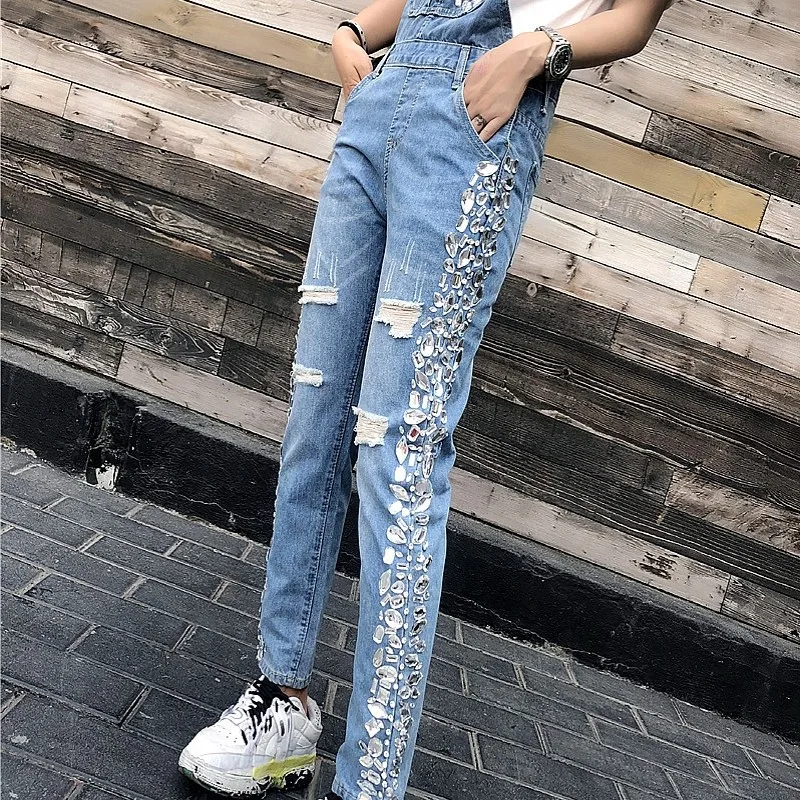 Primavera Estate Nuovo Diamante Scava Fuori Allentato Denim di Modo Delle Donne Streetwear Tute e Salopette Tasca Dei Jeans Tute e Tute da Palestra Vestiti