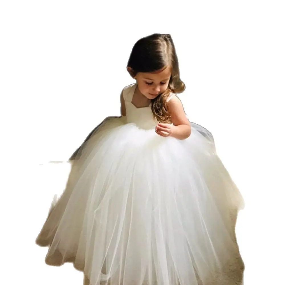 Robes bouffantes à fleurs pour filles, en Tulle, robe de princesse à bretelles Spaghetti, robe de première Communion pour enfants, filet à nœud, robe de fête d'anniversaire