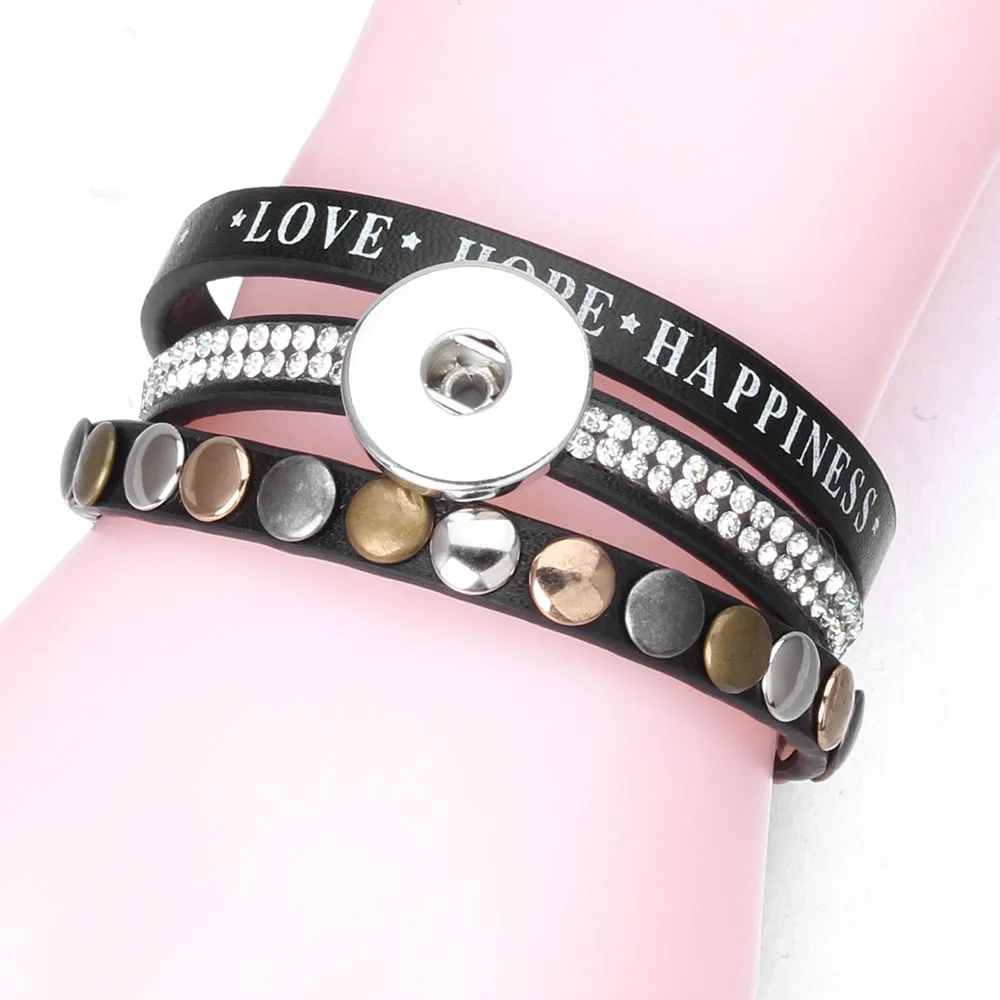 Leather Snap Button Bracelet For Women DIY Charm 18MM 12MM Snaps Crystal Boho Multi Layer Wrap Bracelet Femme Jewelry ZE484