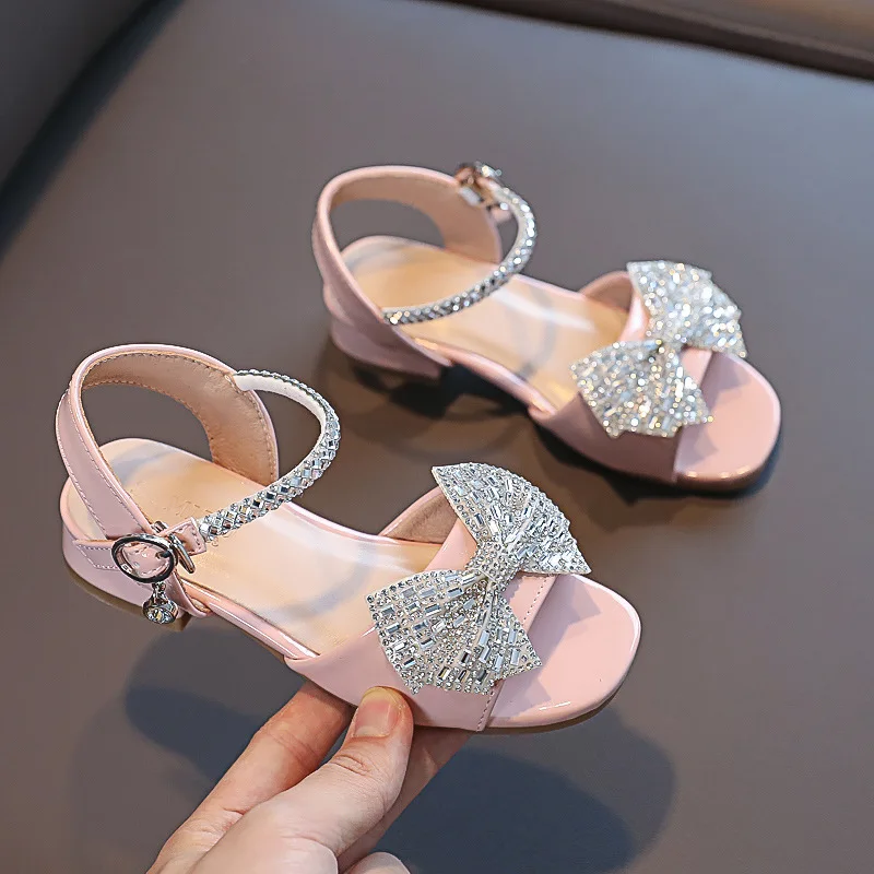 Children\'S Summer School Shoes For Girls Black Leather Sandals 2021 Kids Fashion Rhinestone Bow Sandals 3 5 7 8 9 10 11 12 Year