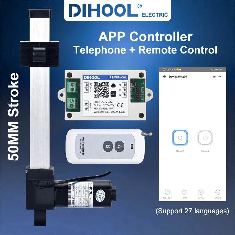 Atuador Linear Elétrico Dc12v 24v 660lb do Curso de Dhla3000p 50 mm com Controlador de Wifi Mini dc Motor Telescópico Ultra Baixo Nível de Ruído