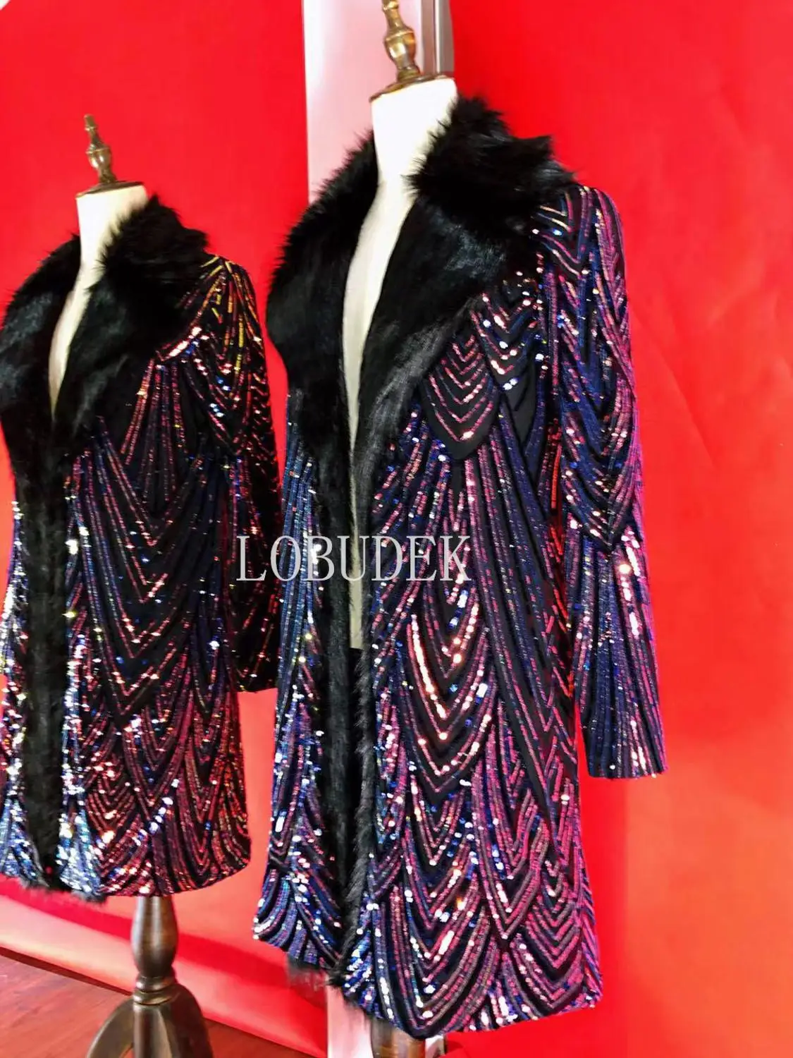 男性フェイクファー襟スパンコールオーバーコートバーナイトクラブ男性歌手コンサートステージロングコートカーニバルパーティーショーパフォーマンス衣装
