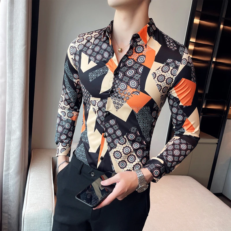 Luxury Retro Print Men\'s Shirt Fashion Slim Fit Long Sleeve Casual Shirt Male Business Formal Dress Shirts Social Tuxedo Blouse