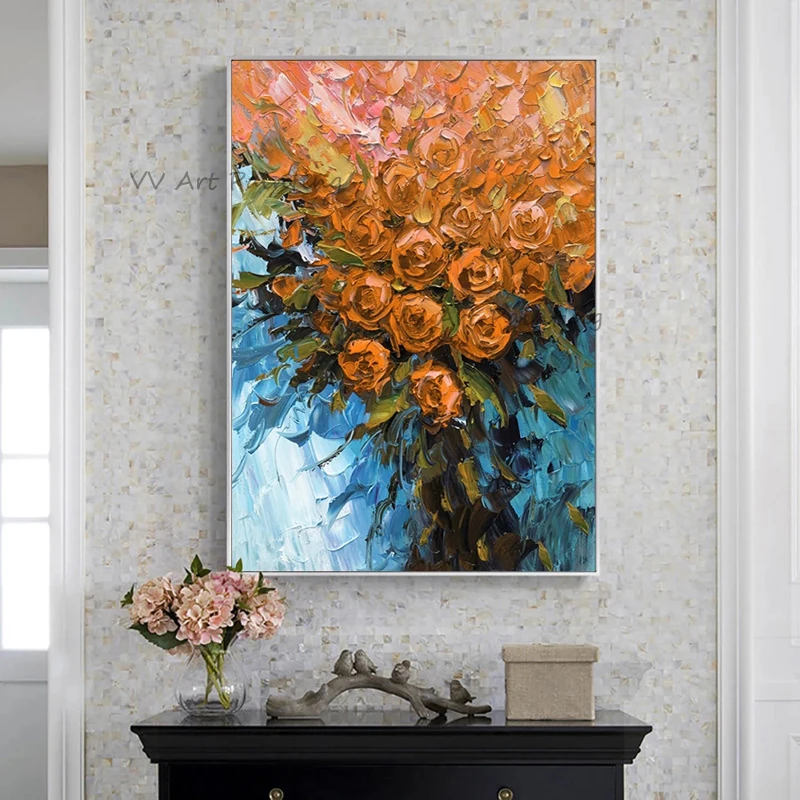 Abstract Thick Palette Knife Orange Rose Oil Painting 100% Hand Painted Canvas Textured Floral Vertical Entrance Wall Decor