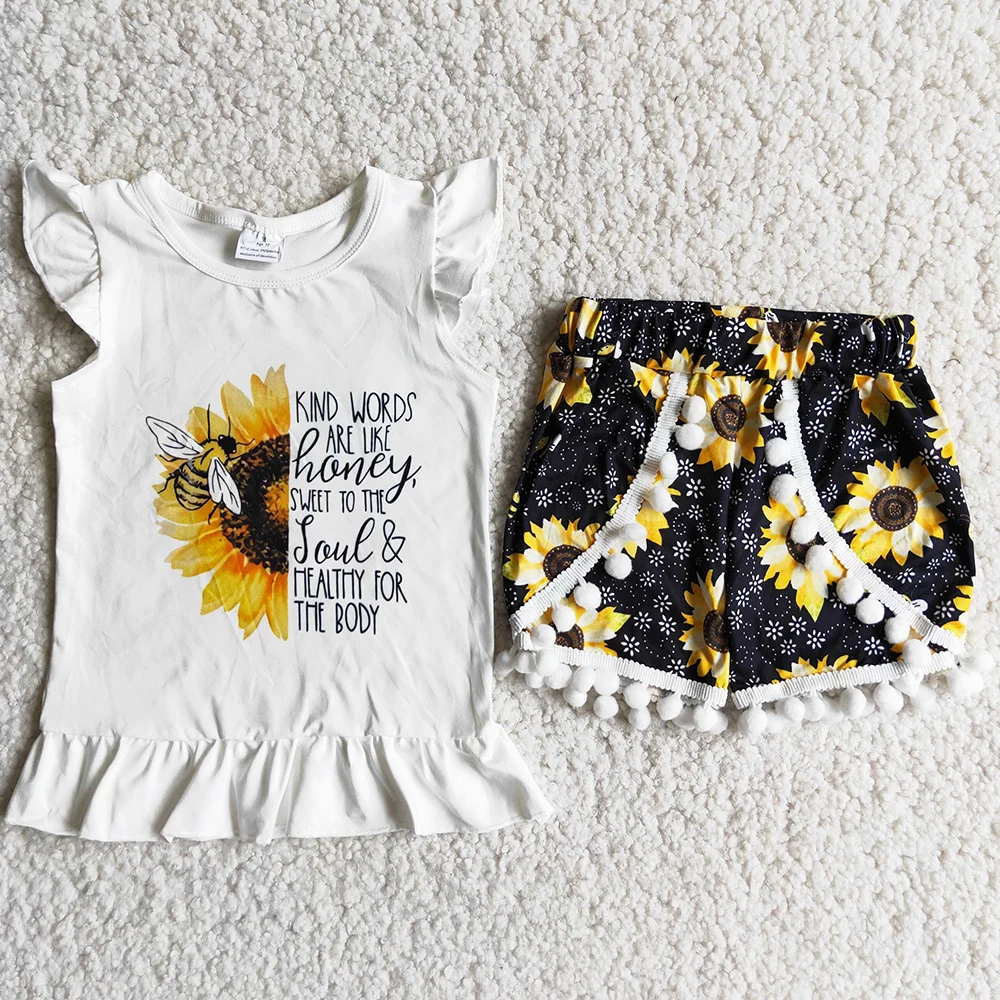 

RTS Baby Girls Clothes Short Sleeve Tee Shirt Ruffle Shorts Girls Summer Outfit Cute SunFlower Boutique Kids Clothing Girls Suit