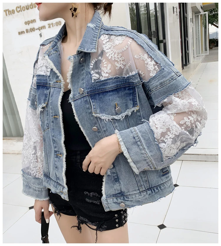 Autumn Streetwear Fashion Embroidery Lace Patchwork Sexy Denim Jacket Women\'s Wear Tassel Loose Denim Jacket