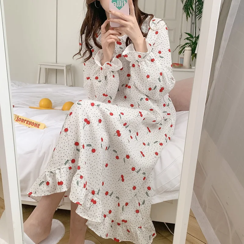 

Summer New Cute Women Nightgowns Sleepdress Cherry Polka Dot Ruffles Long Sleeve Loose Midi Dress Home Clothes Peter Pan Collar