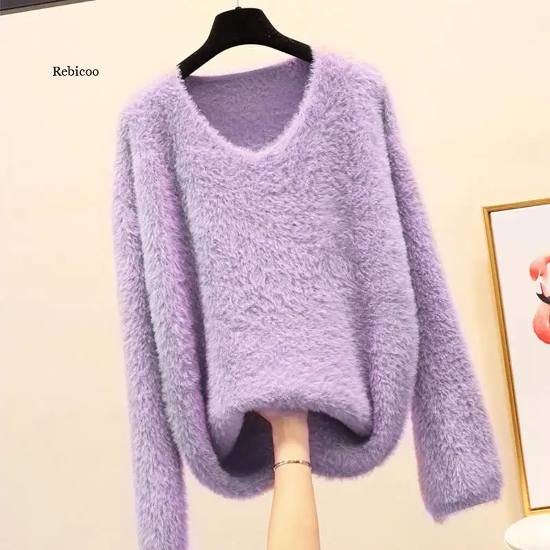 

V-neck Mohair Sweater Women's Loose Lazy Knitted Bottoming Shirt Thickening Loose Cashmere Pullover Dress Fall Sueter Mujer