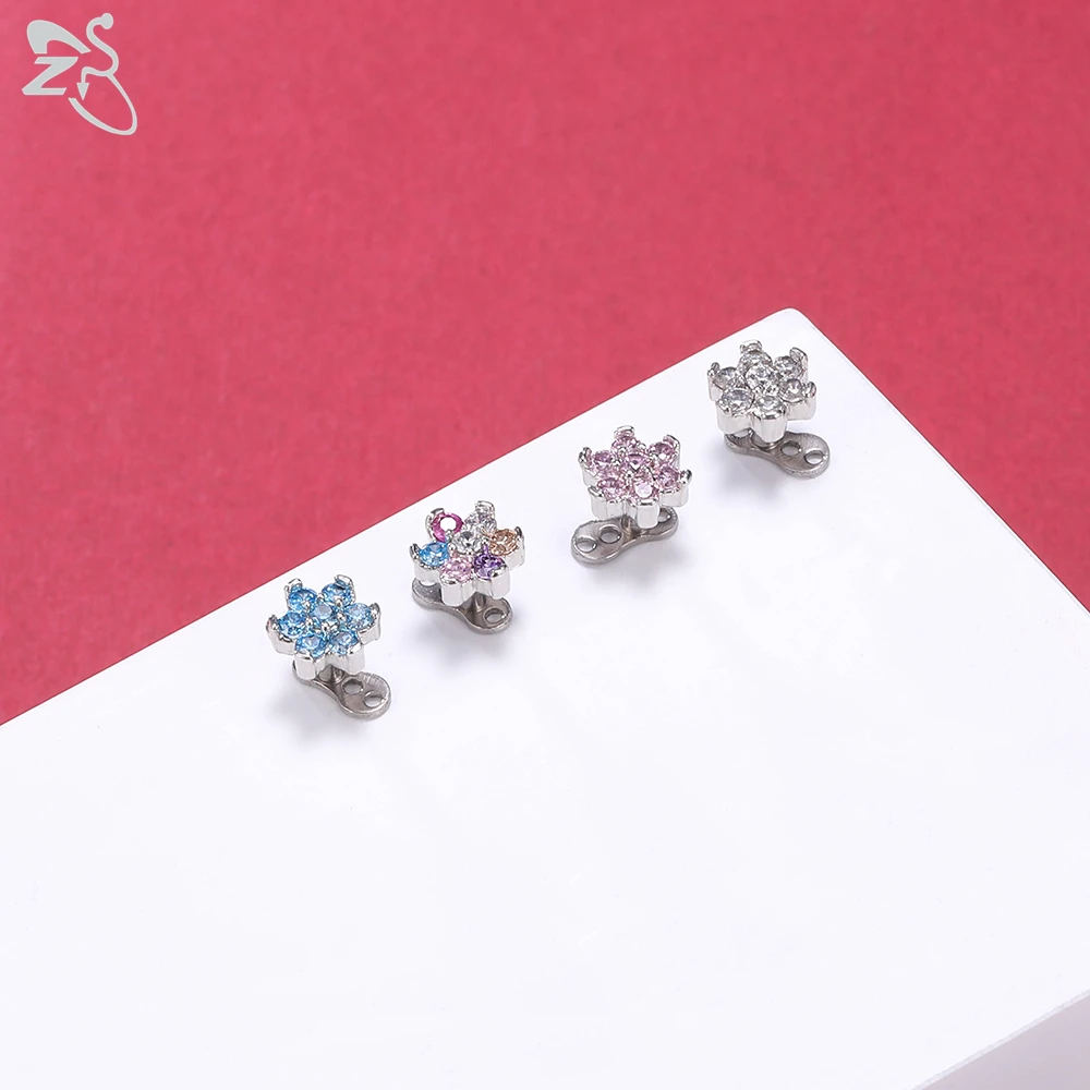 ZS 2PCS/LOT CZ Crystal Opal Skin Diver Round Dermal Piercings Flower 316L Stainless Steel Micro Dermal Anchor Hide in Surface