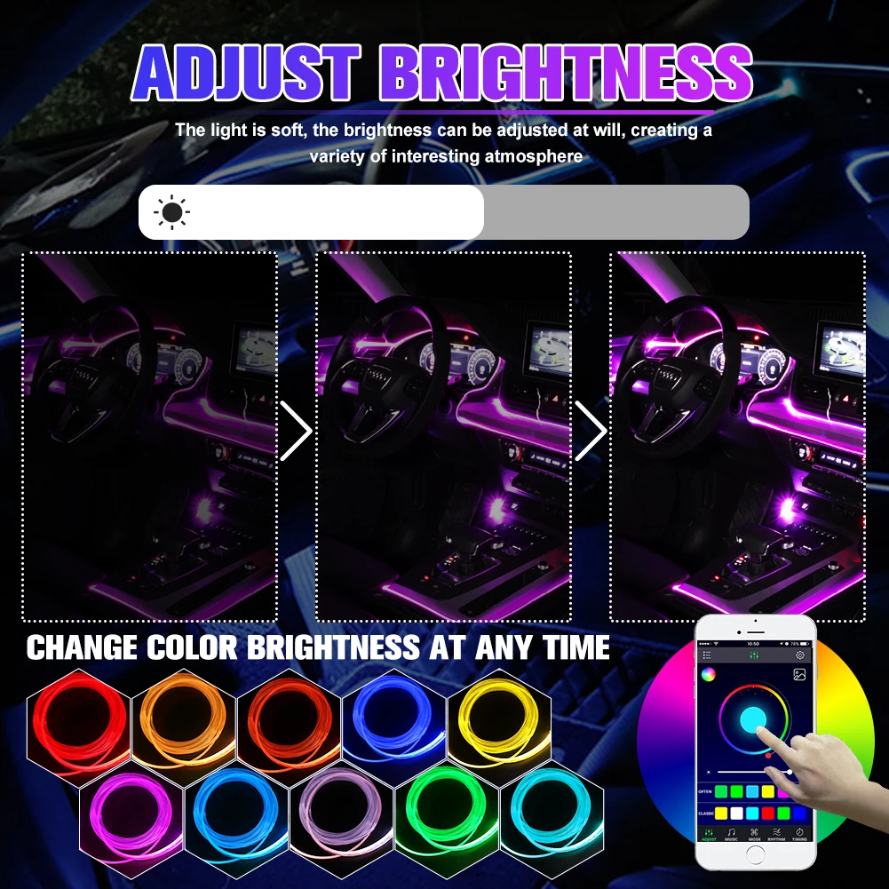 RGB LED Light Car Interior Decoration Atmosphere Light Strip 4M Optic Fiber Wire Moulding Lamp Light Bar Bluetooth APP Contrl