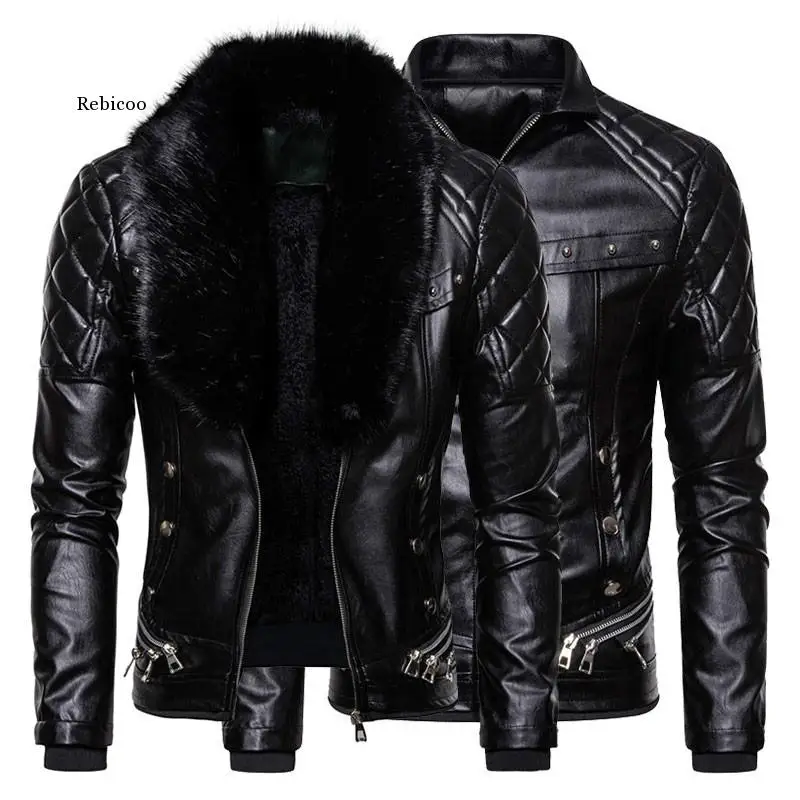 

New Men's Biker Leather Jacket Fur Collar Detachable Faux Leather Motocycle Jackets Coats Casual Pu Jacket