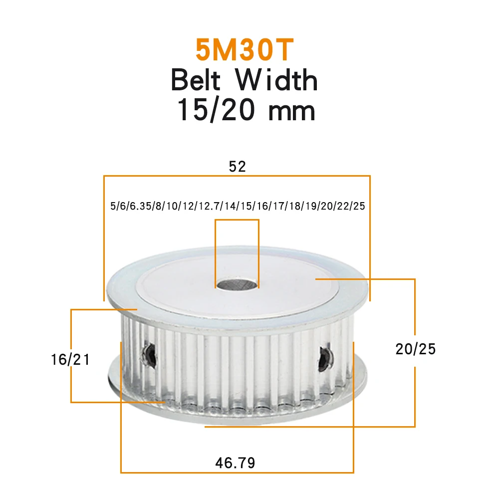 5M-30T Pulley Wheel Bore 5/6/6.35/8/10/12/12.7/14/15/16/17/18/19/20/22/25 mm Alloy Belt Pulley For Width 15/20 mm Timing Belt