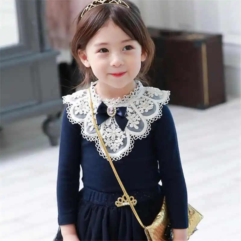 2021 Baby Girls Blouses Children Cotton Lace Clothes Teenage School Girl Basic Tops Cute Bow Navy Blue Sweatshirts 2 4 6 8 11Yrs